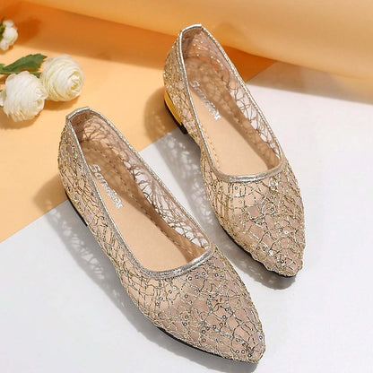 Women's Silver Flats Ballet – Elegant Mesh Sequin