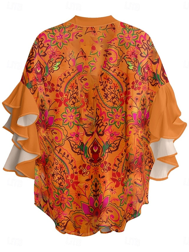 Women's Blouse Ruffle Print Floral Stylish Modern 3/4