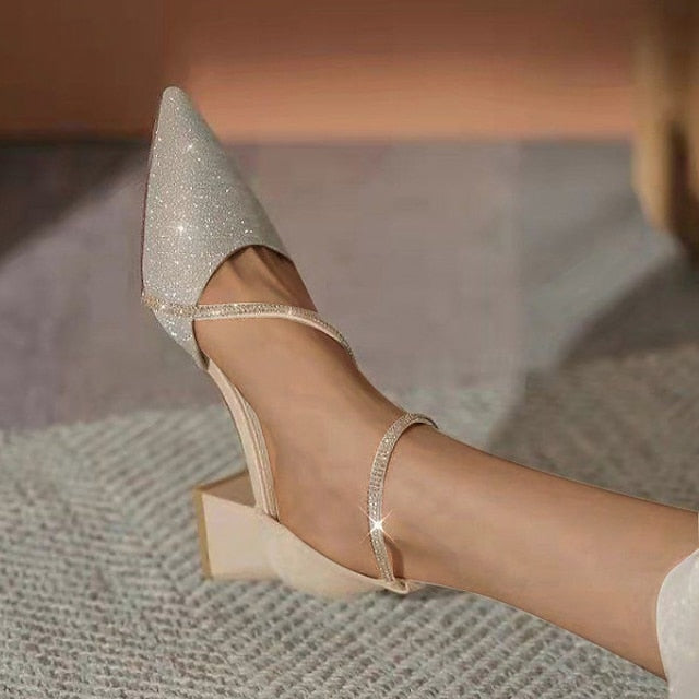 Pointed Ankle Block Toe Women's Heels Mesh Glitter with