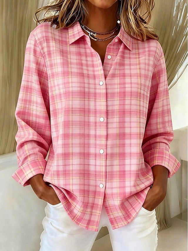 Women's Shirt Blouse Plaid Casual Long Sleeve Shirt Collar