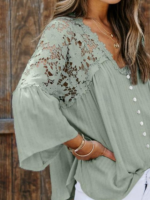 Women's White Elegant Lace Tops Eyelet Blouse Stylish
