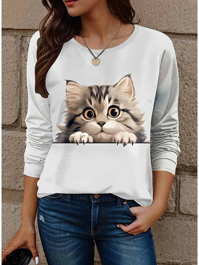 Women's T shirt Crew Neck Long Sleeve Tunic Cat Modern