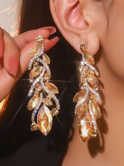 - Earrings Gold Women's Design Crystal Leaf Elegant