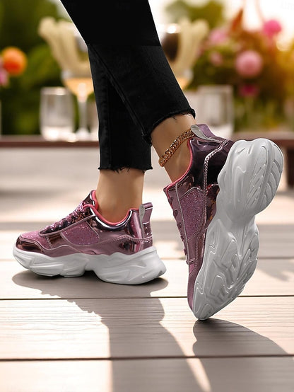 with Platform Sneakers Metallic Women's Glitter Chunky