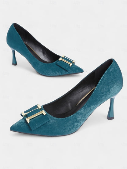 Pointed Teal - Women's Pumps Velvet Elegant Heel Kitten Toe