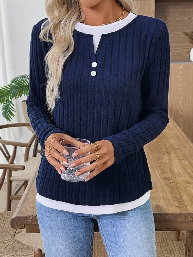 Women's Blouse Patchwork Buttons Solid Color Stylish Casual