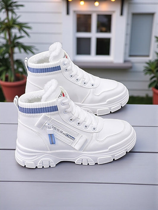 Women's White Warm High-Top Sneakers with Faux Fur Lining -