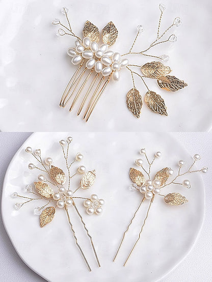 Set Pearls Hair with and Silver Leaf Faux Bridal Gold Accessory