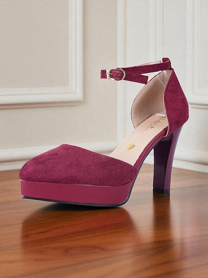 Platform High Strap Women's Burgundy Suede Heel 1950s Ankle