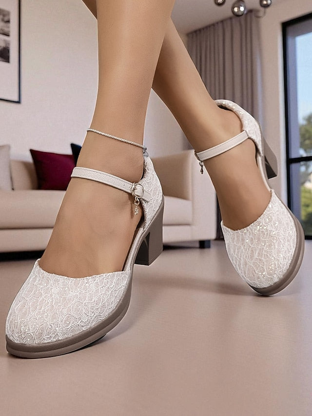 Heel Shoes Lace Chunky Mary Comfortable Low - Jane Women's