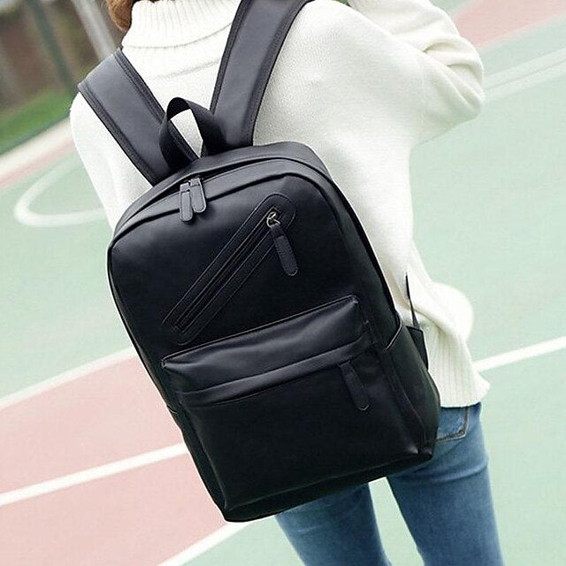 with Leather Backpack Black Faux Front Zipper Men's Pocket