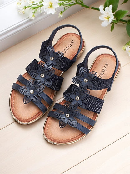 Floral Rhinestone Sandals Flat Women's Beige – Elegant