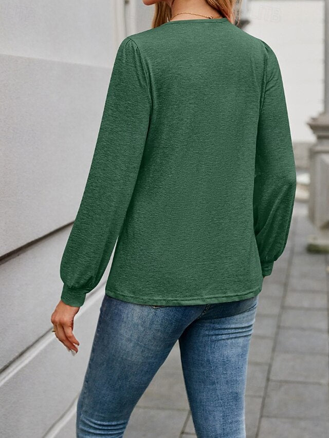 Women's T Shirt Plain Classic Casual Long Sleeve V Neck