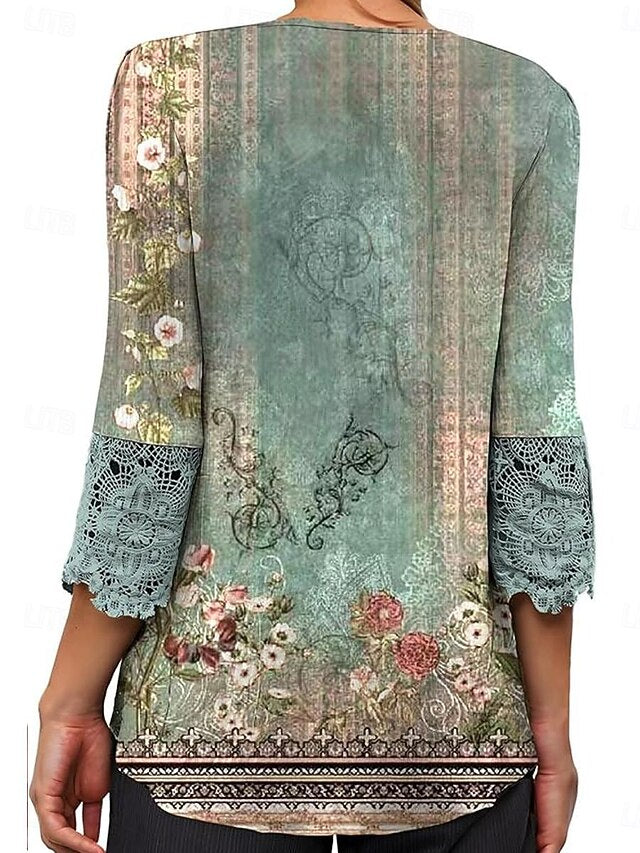 Women's Elegant Lace Tops Eyelet Blouse Casual Ombre Floral