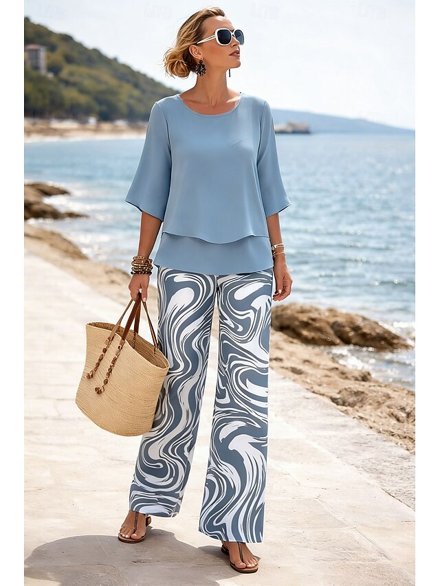 Women's Pants Sets Half Sleeve Butterfly Sleeve Round Neck