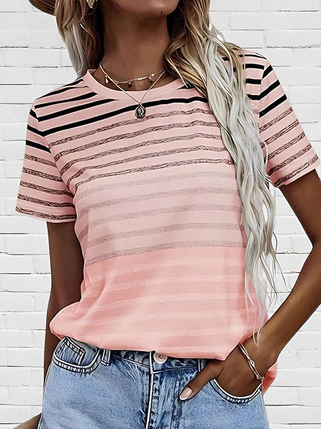 Women's T Shirt Casual Striped Print Short Sleeve Regular