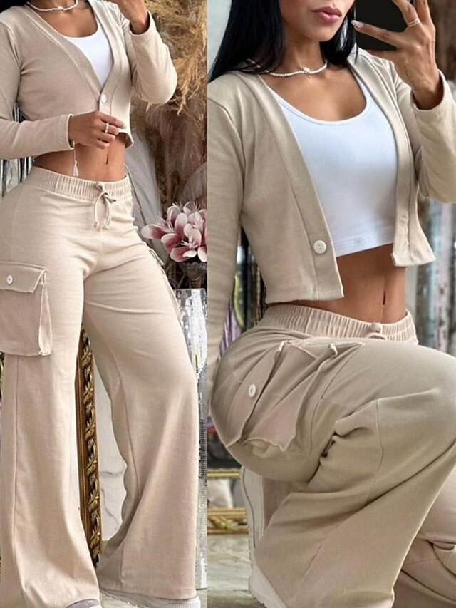 Women's Pants Sets Long Sleeve V Neck Solid Color