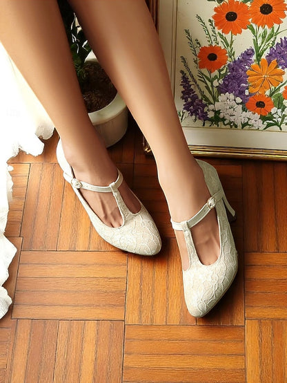 Pumps-1920s Lace Women's Heel T-Strap Ivory Vintage Mid