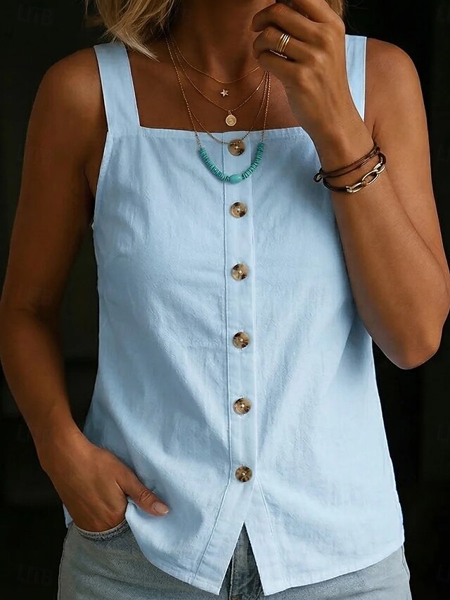 Women's T Shirt Tee Top Buttons Plain Fashion Stylish