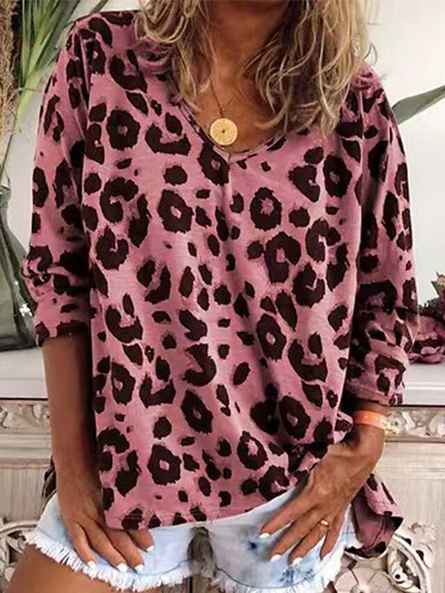 Women's T Shirt Print Leopard Fashion Long Sleeve V Neck