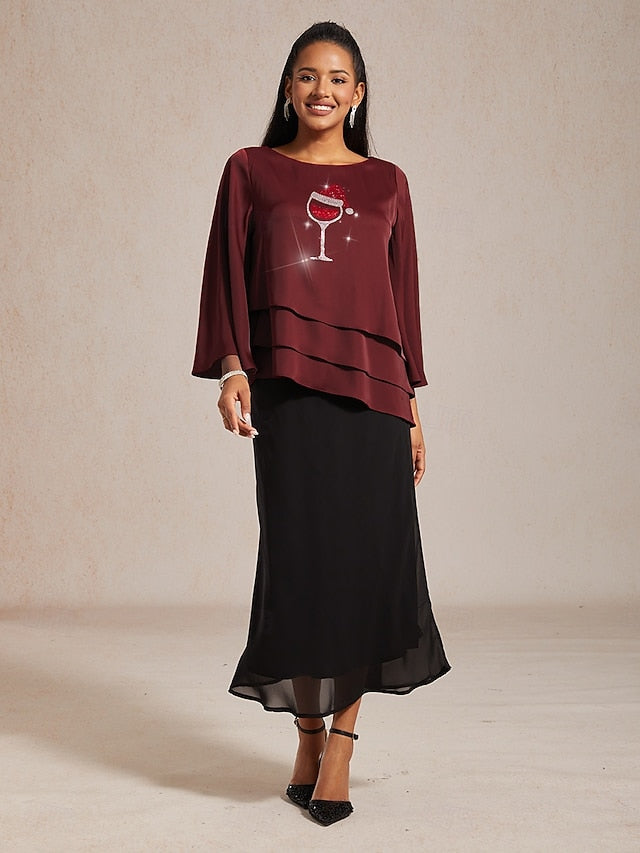 Christmas Women's Satin Shirt Blouse Rhinestone Wine Glass