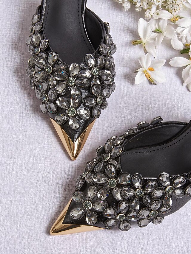 – Mules Women's Embellished Black Rhinestone Pointed-Toe