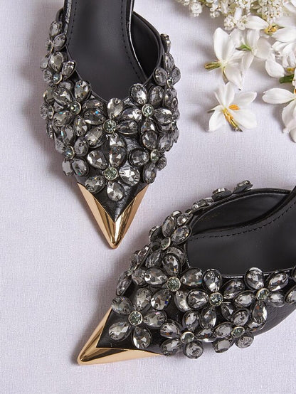 – Mules Women's Embellished Black Rhinestone Pointed-Toe
