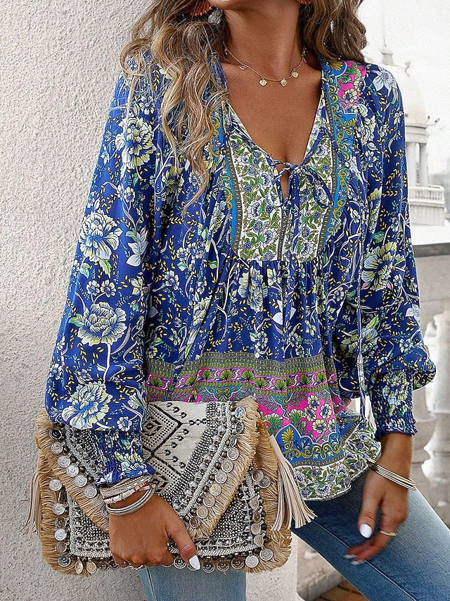 Women's Shirt Blouse Patchwork Print Floral Graphic Bohemia