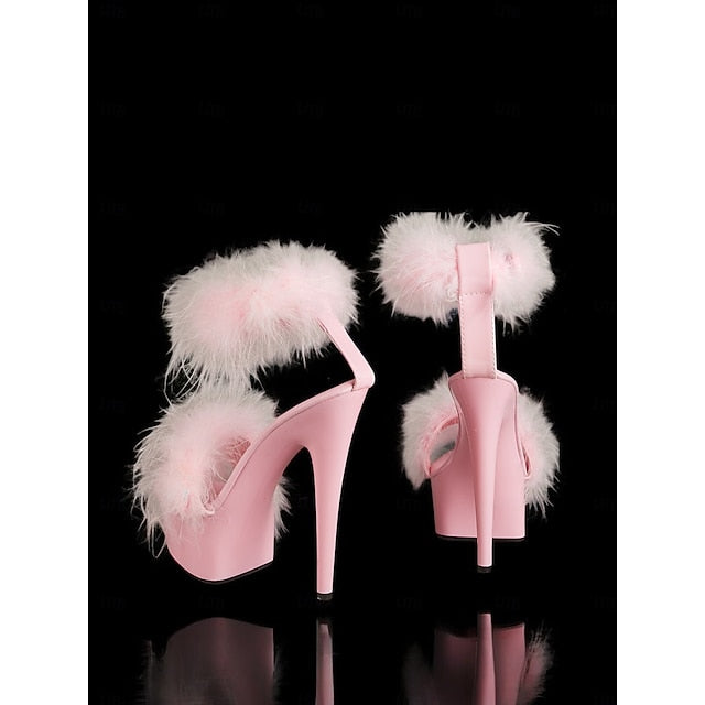 –Stylish Heels High Sandals Fluffy Pink Platform with