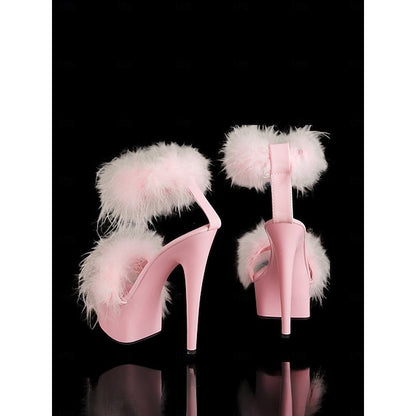 –Stylish Heels High Sandals Fluffy Pink Platform with