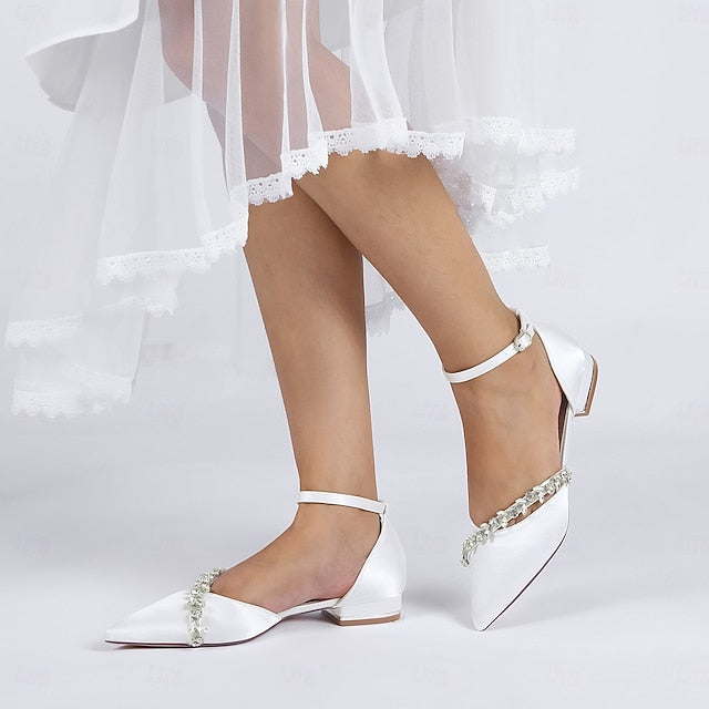 White Satin – Pointed Toe Wedding Flats Women's Elegant