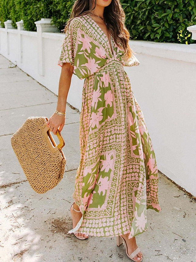 Women's Casual Dress Floral Split Print V Neck Long Dress
