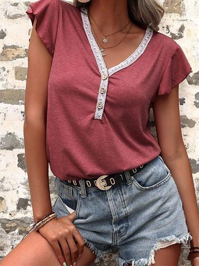 Women's T Shirt Quarter Button Tee Lace Vintage Stylish