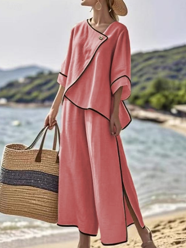 Women's Pants Sets 3/4 Length Sleeve Round Neck Solid Color