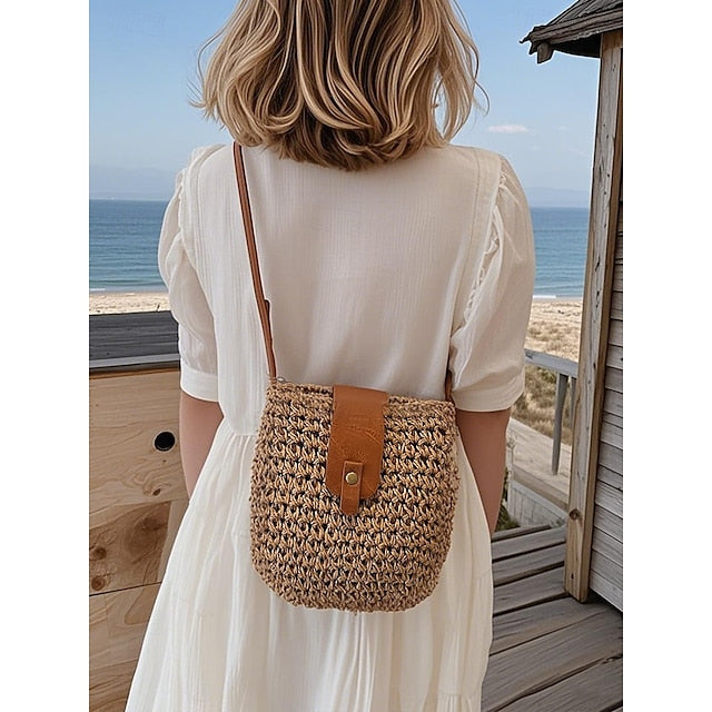 - Crossbody Women’s Chic Strap with Woven Straw Bag Leather