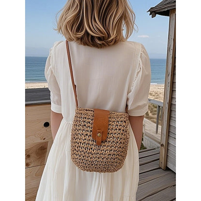 - Crossbody Women’s Chic Strap with Woven Straw Bag Leather