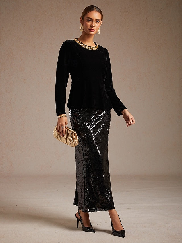 Women's Velvet Blouse Beaded Elegant Crew Neck Regular Tops