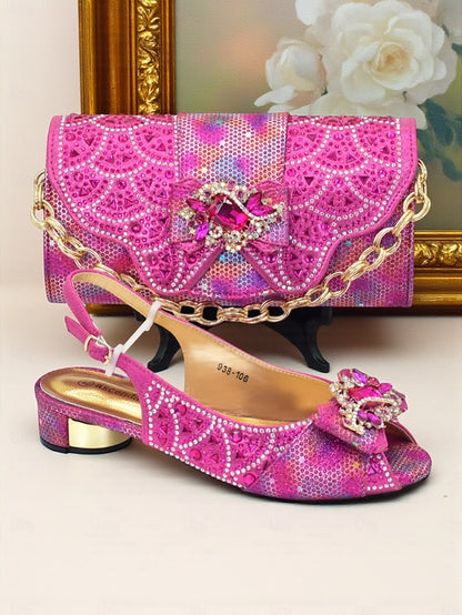 Women's Rhinestone and Gold Heels Matching Slingback Clutch