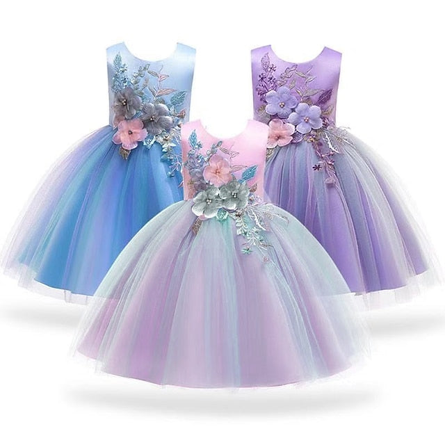 Blue Purple Blushing Dress Kids Lace Floral Girls' Party