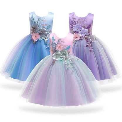 Blue Purple Blushing Dress Kids Lace Floral Girls' Party