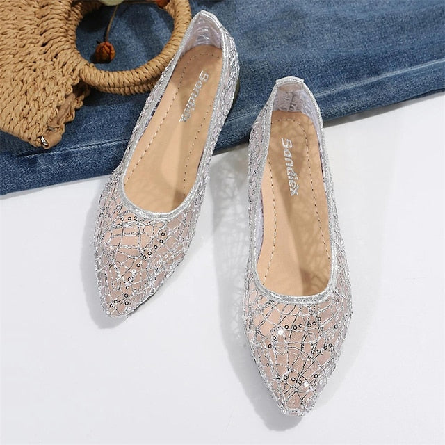 Women's Silver Flats Ballet – Elegant Mesh Sequin