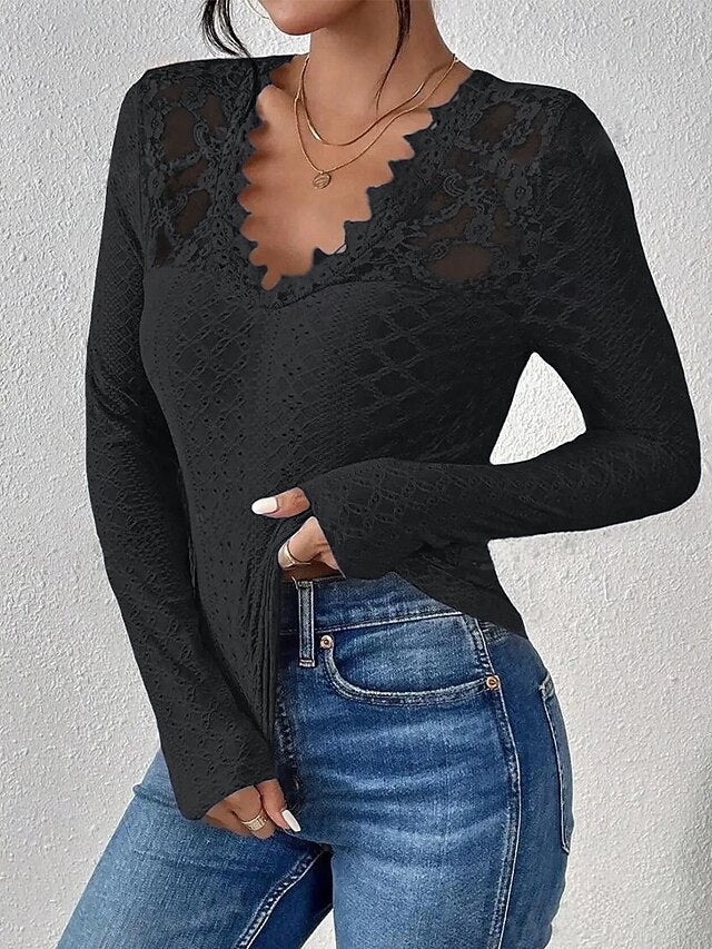 Splicing Solid Women's Color Top Eyelet Elegant Lace