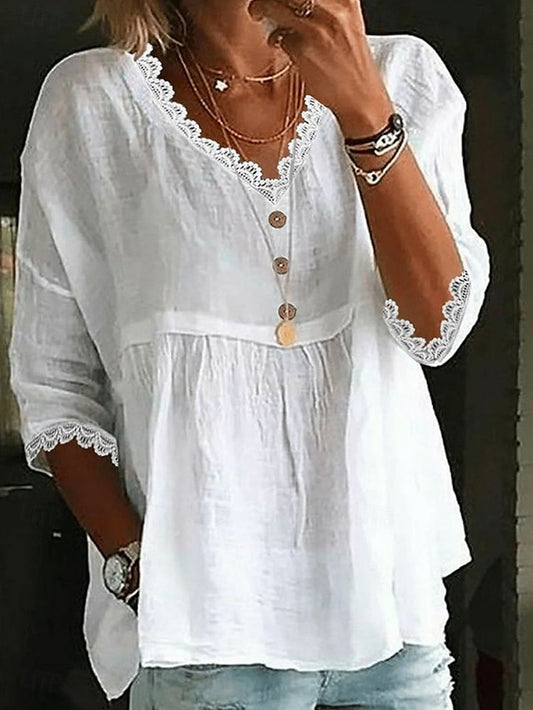 Women's Cotton Linen Shirts Solid Color Basic Casual 3/4