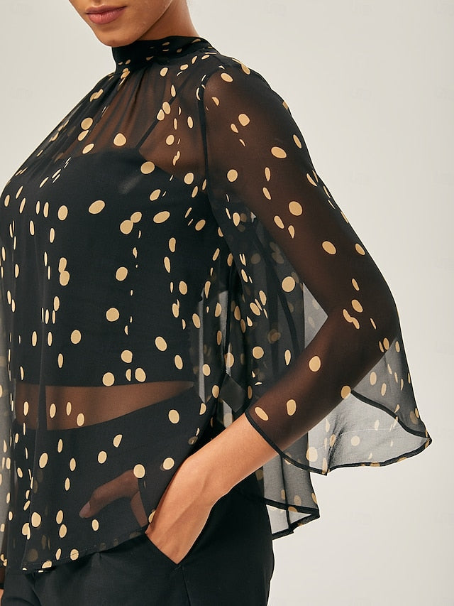 Black-Yellow Dot Asymmetric Chiffon Blouse