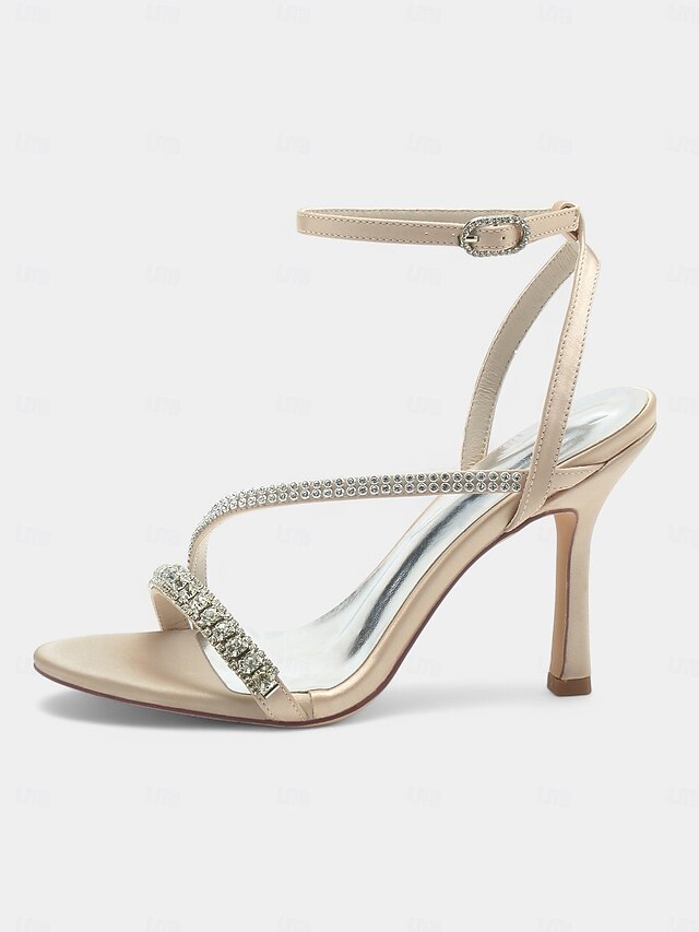 Champagne Rhinestone Satin Heels Sophisticated Strappy –