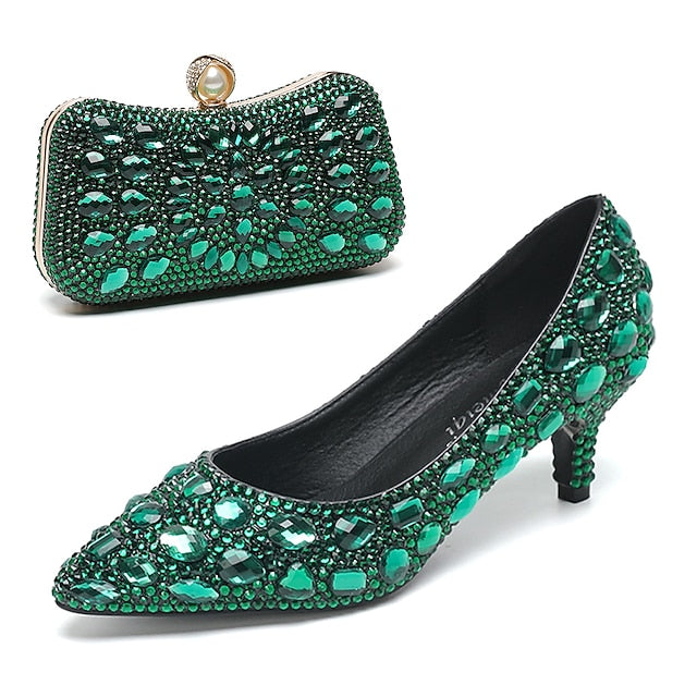 Matching Women's Heel Kitten Crystal-Embellished Shoes and