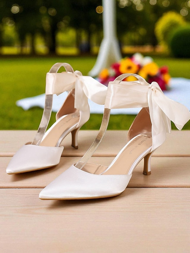Women's Kitten Satin Pointed-Toe with Heel Shoes Ribbon