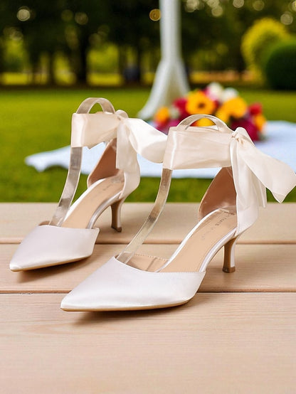 Women's Kitten Satin Pointed-Toe with Heel Shoes Ribbon