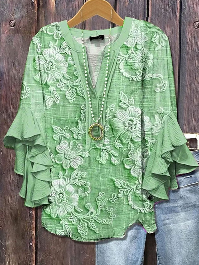 Women's Retro Blouse Layered Ruffle Sleeve Tops 3D Print