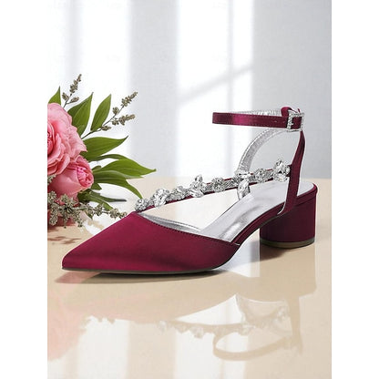 Block Pumps Heel Purple with Satin Rhinestone Women's